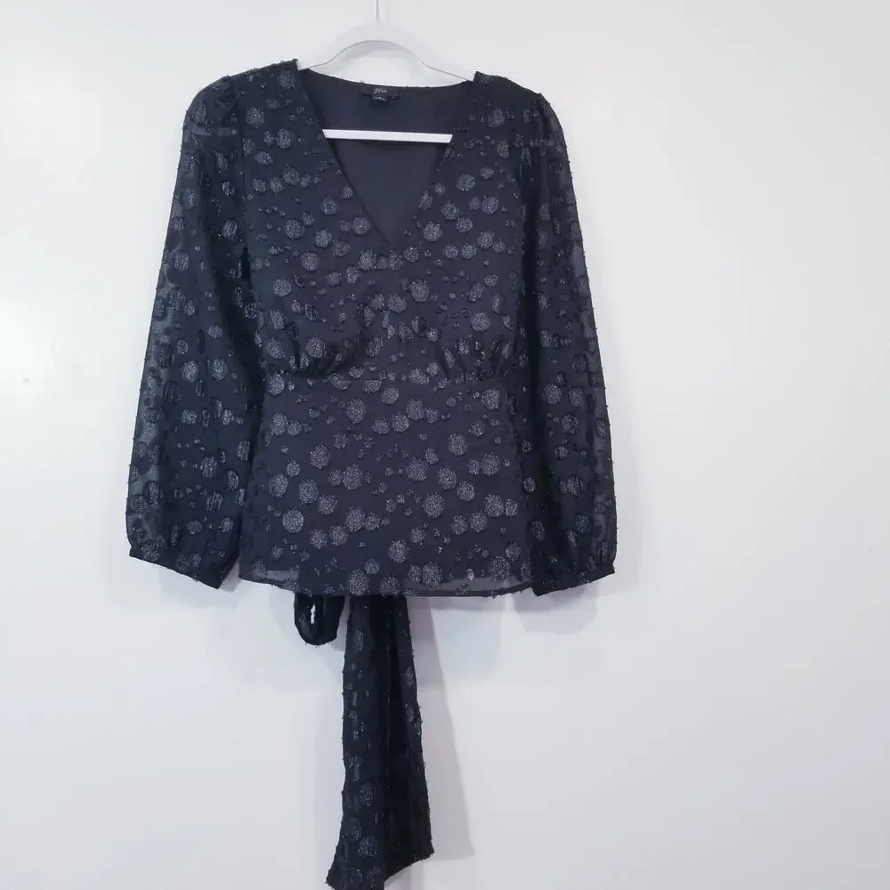J. Crew Black Polka Metallic Dot Jacquard Blouse V-Neckline Tie Waist
